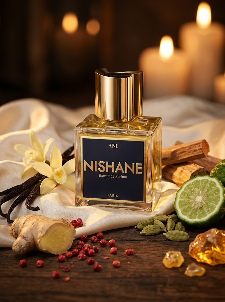 Nishane ANI Extrait de Parfum med vanilj, ingefära, rosépeppar, kardemumma, bergamott, sandelträ och amber i varmt levande ljus