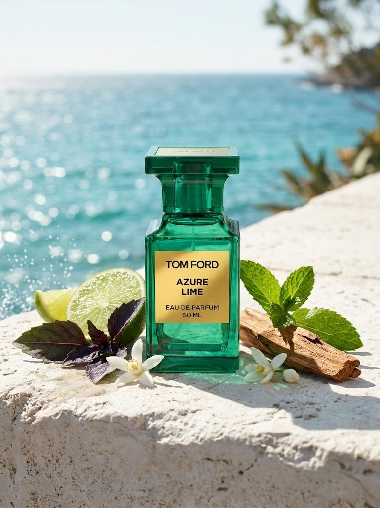 Tom Ford Azure Lime Eau de Parfum vid Medelhavet med lime, basilika, mynta, neroli och sandelträ