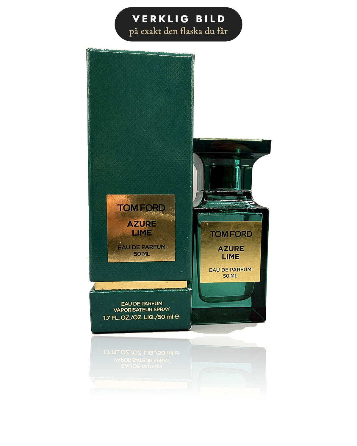 Verklig bild tagen av Scentique på exakt den Tom Ford Azure Lime pre-loved flaska du får, med originalkartong